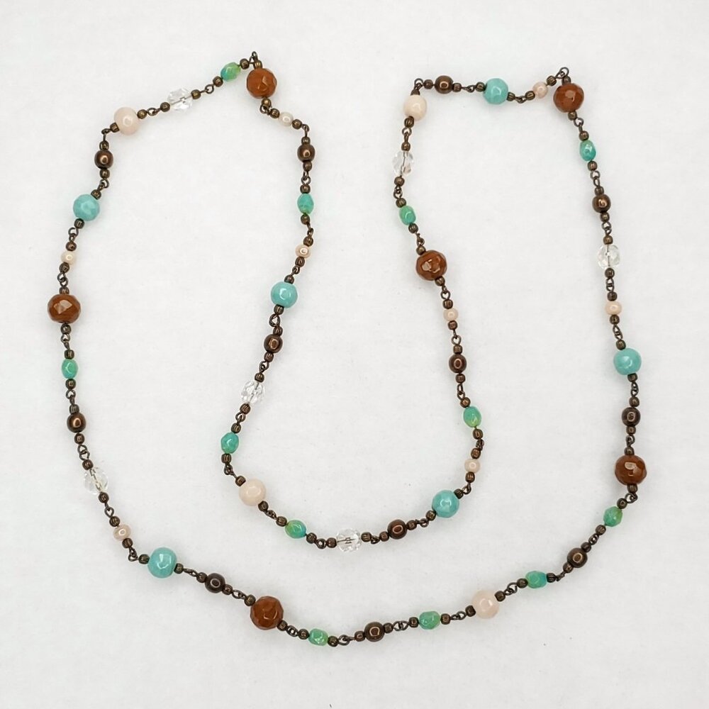 Vintage Beaded Necklace Glass Stone Brown Green Long Boho Southwestern 38" - Picture 2 of 7